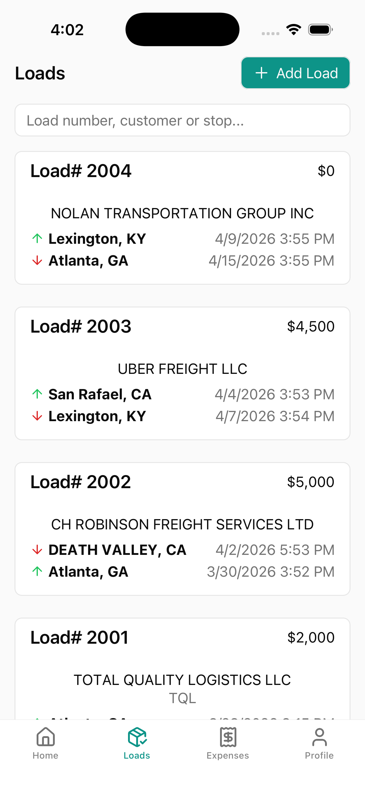 Load list showing multiple loads with customers, routes, and pricing